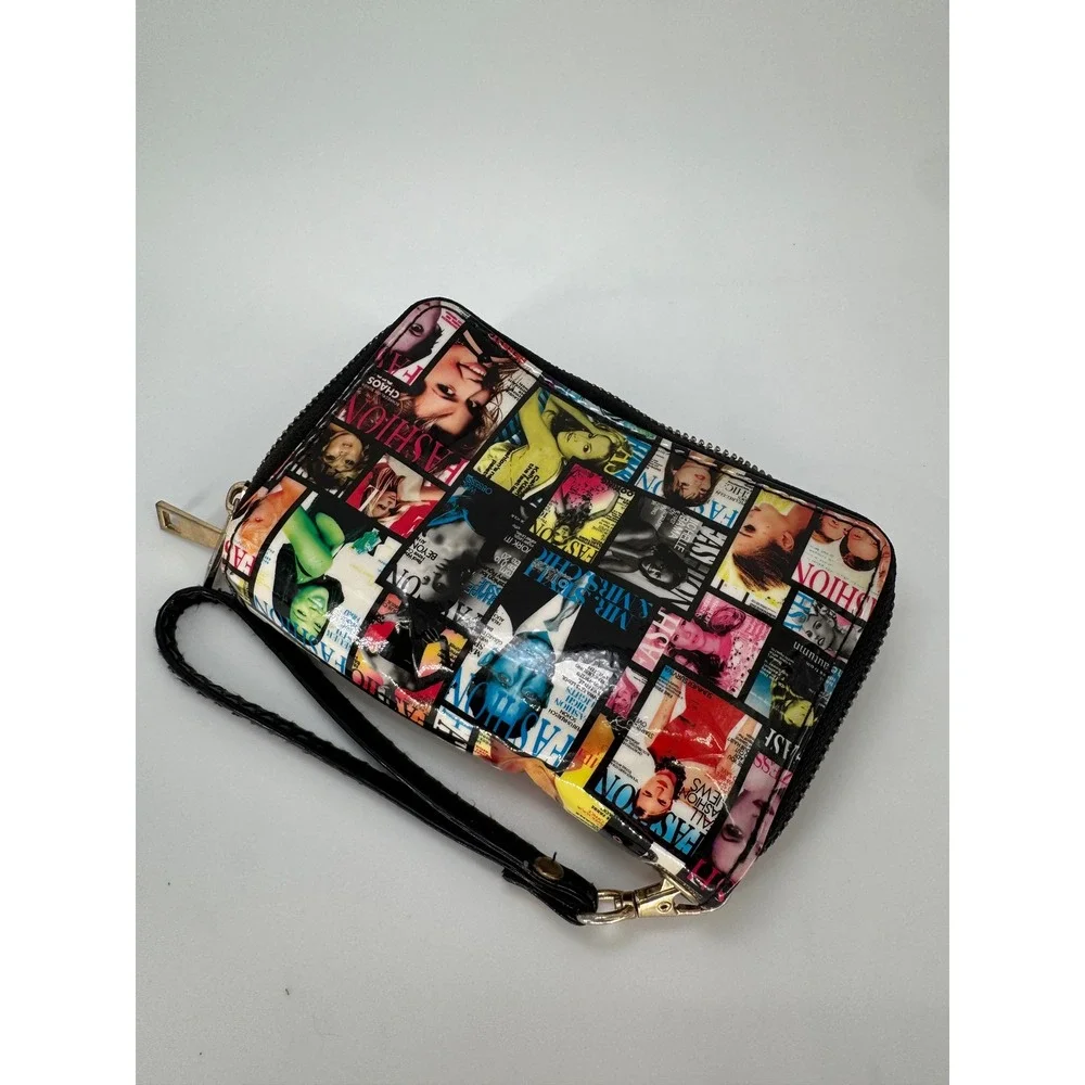 Magazine Cover Collage Double Zip Around‎ Wristlet Wallet Multicolor Glossy